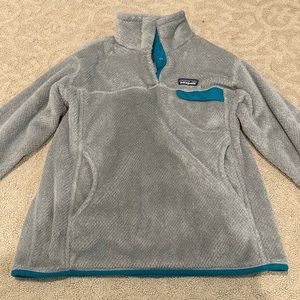 Patagonia fleece, grey and teal/blue